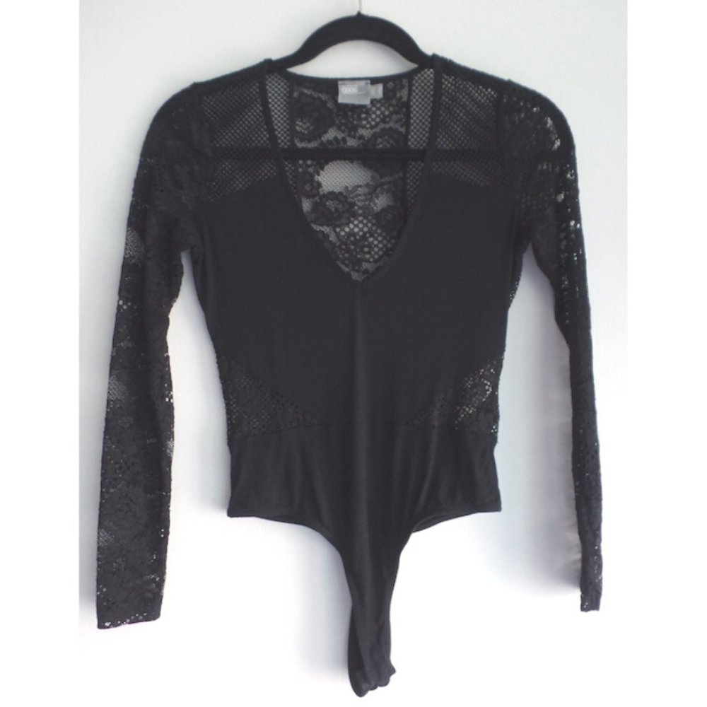 Asos Black V-Neck Thong Long Sleeve Lace & Fishnet Bodysuit, sz 4